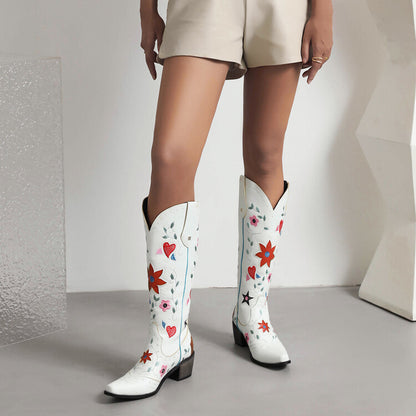 Women Ethnic Love Hearts  Printed Low Heels Cowboy Mid Calf Boots