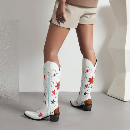 Women Ethnic Love Hearts  Printed Low Heels Cowboy Mid Calf Boots