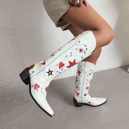 Women Ethnic Love Hearts  Printed Low Heels Cowboy Mid Calf Boots