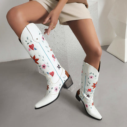 Women Ethnic Love Hearts  Printed Low Heels Cowboy Mid Calf Boots