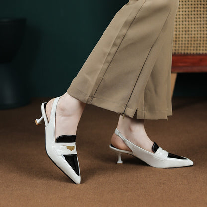 Women Bicolor Pointed Toe Slingbacks Spool Heel Sandals