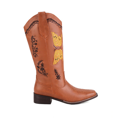 Women Ethnic Embroidery Low Heels Cowboy Mid Calf Boots