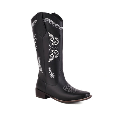 Women Ethnic Embroidery Low Heels Cowboy Mid Calf Boots