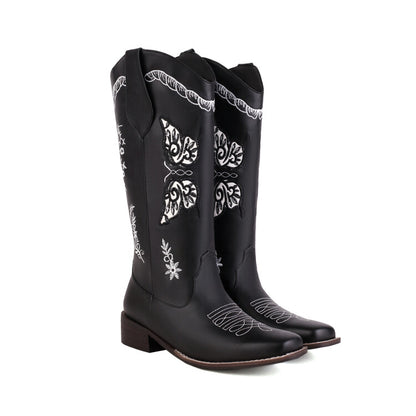 Women Ethnic Embroidery Low Heels Cowboy Mid Calf Boots