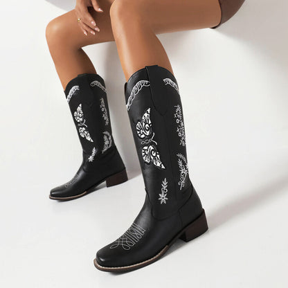 Women Ethnic Embroidery Low Heels Cowboy Mid Calf Boots