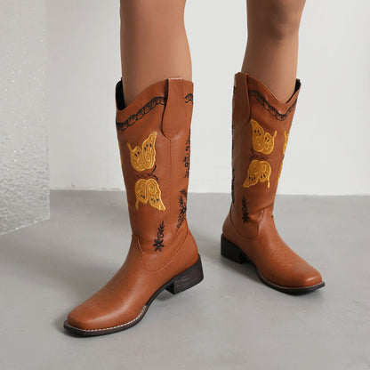 Women Ethnic Embroidery Low Heels Cowboy Mid Calf Boots