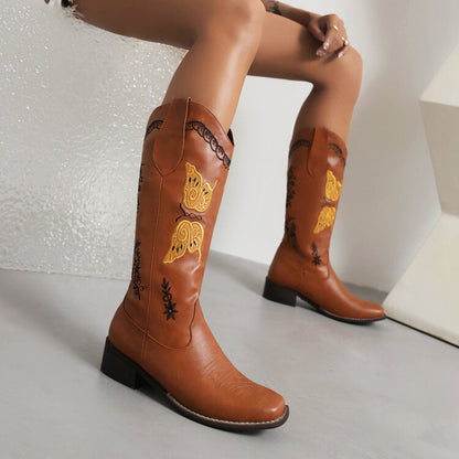 Women Ethnic Embroidery Low Heels Cowboy Mid Calf Boots