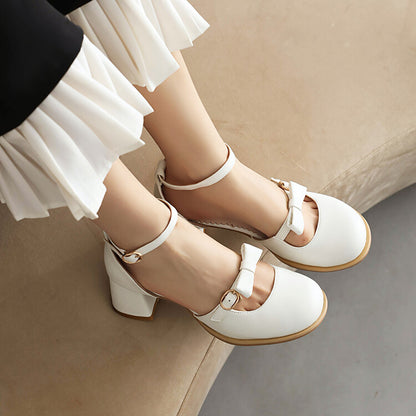 Women Round Toe Bow Tie Ankle Strap Block Chunky Heel Sandals