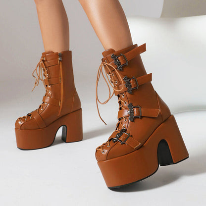 Women Buckle Straps Lace-Up Chunky Heel Platform Mid Calf Boots