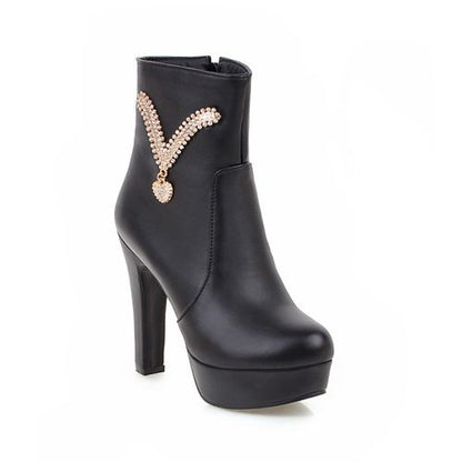 Women Rhinestone High Heels Platform Short Boots