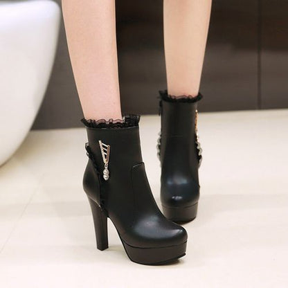 Woman Lace Rhinestone High Heels Platform Short Boots