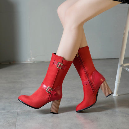 Woman Buckle High Heel Mid Calf Boots