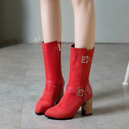 Woman Buckle High Heel Mid Calf Boots