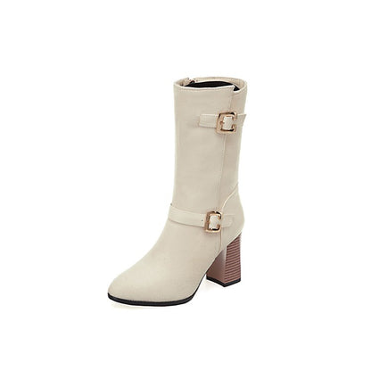 Woman Buckle High Heel Mid Calf Boots