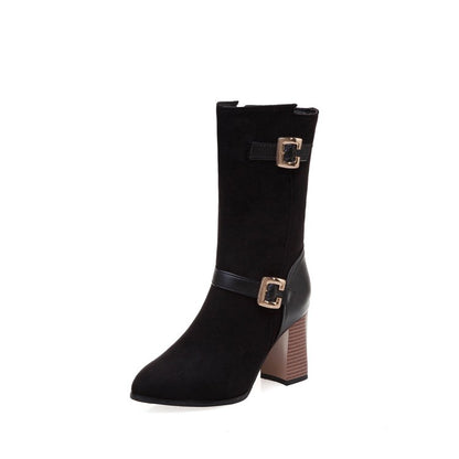 Woman Buckle High Heel Mid Calf Boots