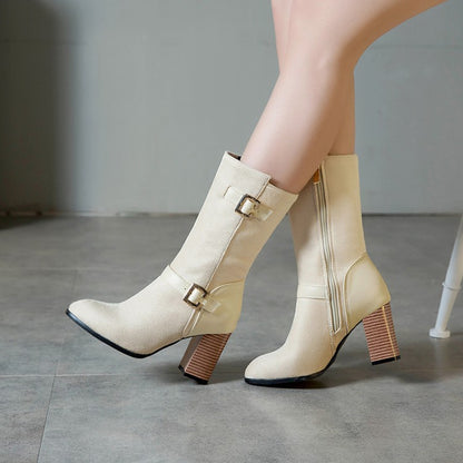 Woman Buckle High Heel Mid Calf Boots