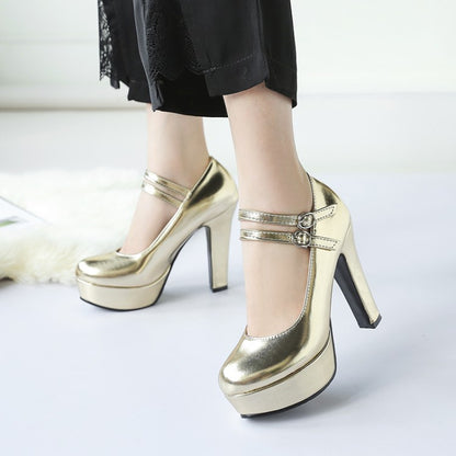 Woman Buckle High Heel Platform Pumps