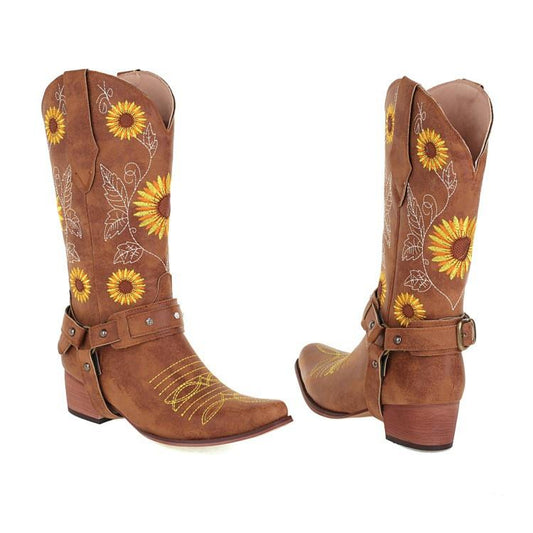 Woman Embroidery Mid Calf Boots