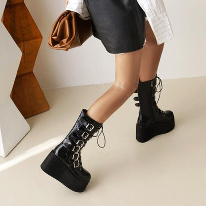 Woman Buckle Platform Wedges Heels Mid Calf Boots