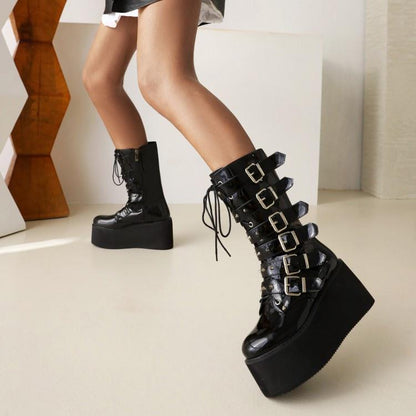 Woman Buckle Platform Wedges Heels Mid Calf Boots