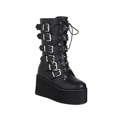 Woman Buckle Platform Wedges Heels Mid Calf Boots