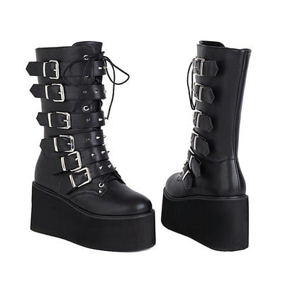 Woman Buckle Platform Wedges Heels Mid Calf Boots