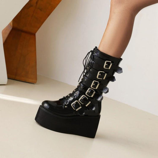 Woman Buckle Platform Wedges Heels Mid Calf Boots