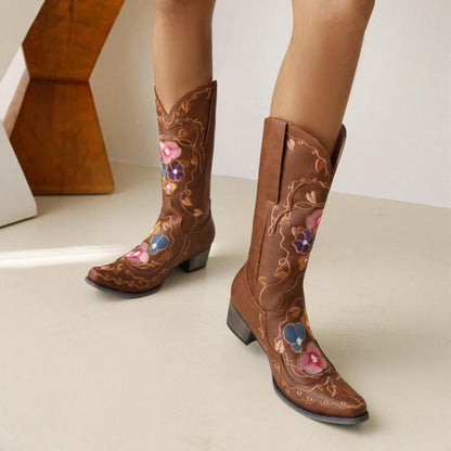 Woman Floral Printed Mid Calf Boots