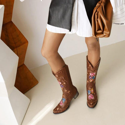 Woman Floral Printed Mid Calf Boots