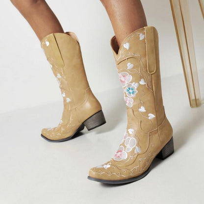 Woman Floral Printed Mid Calf Boots