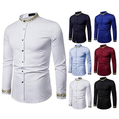 Men's Fashion Embroidered Westen Style Pattern Embroidered Henry Stand-Up Collar Long Sleeves Shirts