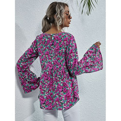 Fashion Round Neck Sexy Irregularity Floral Shirt Women Blouses