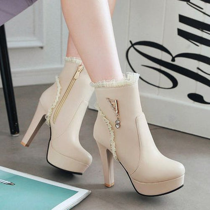 Woman Lace Rhinestone High Heels Platform Short Boots