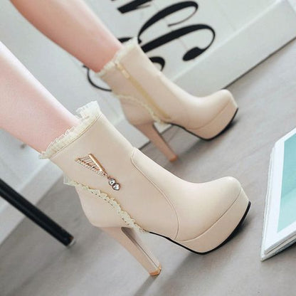 Woman Lace Rhinestone High Heels Platform Short Boots