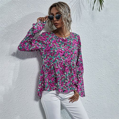 Fashion Round Neck Sexy Irregularity Floral Shirt Women Blouses