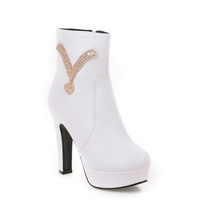 Women Rhinestone High Heels Platform Short Boots